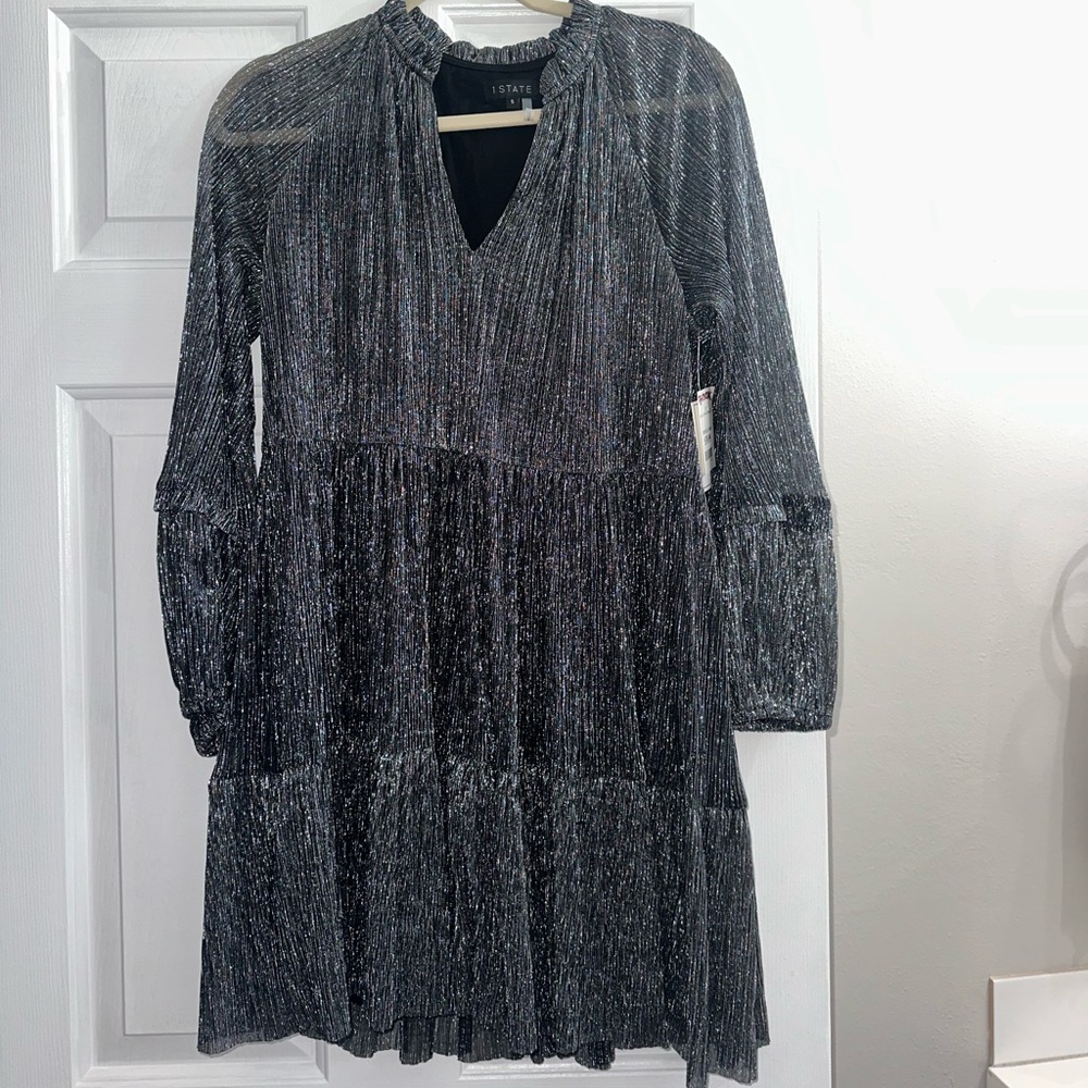 State Shimmering Black Long Sleeve Dress